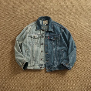 100% Cotton Contrast Color Splicing Lapel Denim Jacket Men's Retro Heavy Industry Washed Distressed Workwear Jacket Top