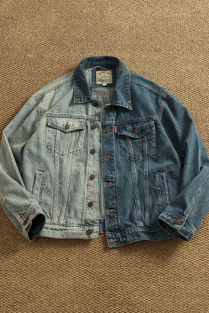 100% Cotton Contrast Color Splicing Lapel Denim Jacket Men's Retro Heavy Industry Washed Distressed Workwear Jacket Top