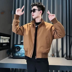 Men's Stand Collar Bomber Jacket Zip Up Casual Windbreaker with Pocket Detail Lightweight Outerwear