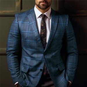 Vintage Men Suit Formal Slim Fit Plaid Print Business Jacket Long Sleeve Single Button Men Office Attire Coat