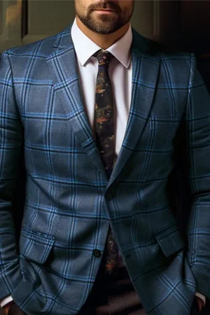 Vintage Men Suit Formal Slim Fit Plaid Print Business Jacket Long Sleeve Single Button Men Office Attire Coat
