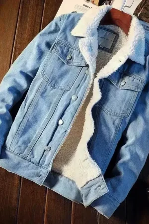 2022 Winter Fleece-lined Thickened Denim Jacket Men's Korean Trendy Loose Fit Top Japanese Style Jacket For Men