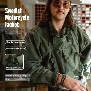 Maden Retro 16oz Canvas Swedish Motorcycle Green Jacket Pocket Bomber Jacket Casual Hunting Work Outwear for Men Spring and Fall