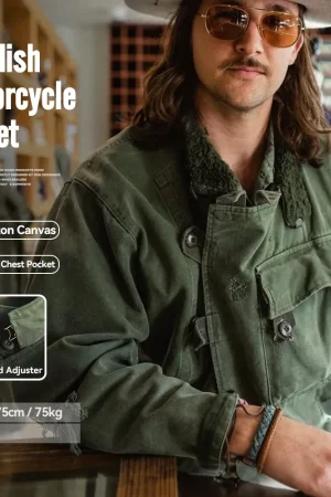 Maden Retro 16oz Canvas Swedish Motorcycle Green Jacket Pocket Bomber Jacket Casual Hunting Work Outwear for Men Spring and Fall