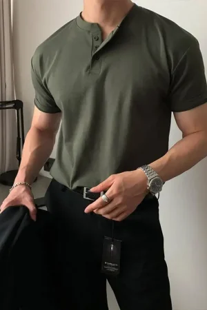 Summer Men‘s Short Sleeve Henley Neck T Shirts American Retro Casual Beach T-shirts Loose High-Quality Fitness Sports Shirt Tops