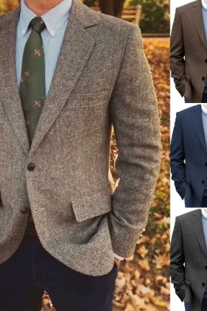 Premium Men's Suit Brown Blazer Prom Tuxedos Herringbone Tweed Single Breasted Formal Bussiness Jacket for Wedding（Only Coat）