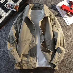 Spring Autumn Men's Cotton Denim Jacket Fashion Youthful Vitality Cargo Outerwear Men Solid Color Turn Down Collar Loose Jackets