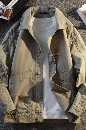 Spring Autumn Men's Cotton Denim Jacket Fashion Youthful Vitality Cargo Outerwear Men Solid Color Turn Down Collar Loose Jackets