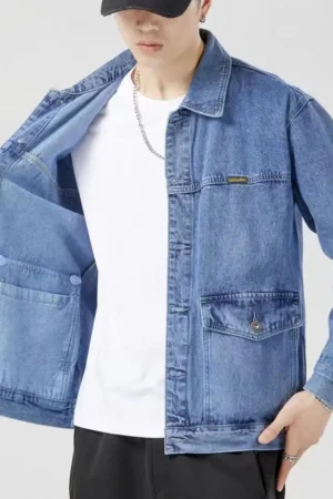 Versatile Denim Jacket Stylish Men's Denim Jacket with Lapel Collar Long Sleeves Large Pockets Fashionable Spring Autumn for Men