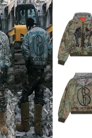 Green Mowalola Hand Drawn Graffiti Zipper Hooded Pilot Jacket Men Women Back Digit 6 Print High Quality Bomber Jackets Winter